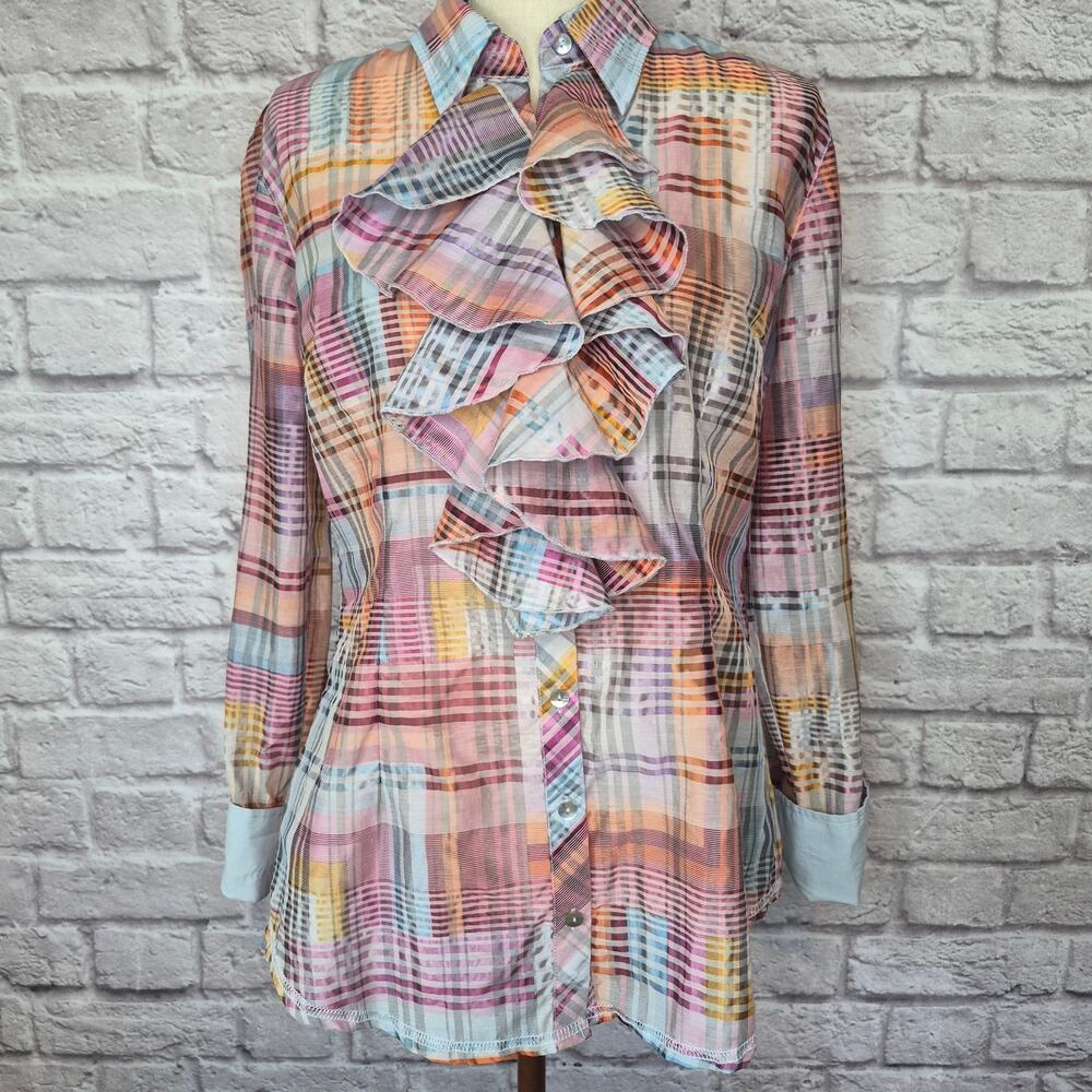 Georg Roth LA Rainbow Plaid Ruffle Front Cotton Blend Button Down Blouse Size M - Picture 3 of 10